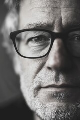 A black-and-white portrait of a middle-aged Caucasian man with glasses, Generative AI