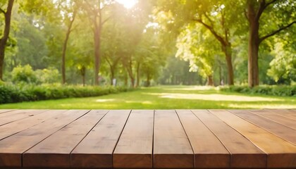empty wooden table wood terrace stage and blurred green park view with sunshine background.horizontal, no people, photography, color image, sunlight, nature,1648
