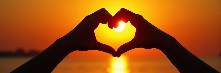 Hands Making Heart Shape at Sunset