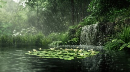 Naklejka premium A tranquil scene of a waterfall surrounded by lush greenery and lily pads.