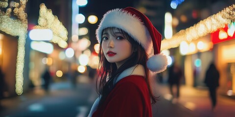 Woman in Santa Hat on City Street