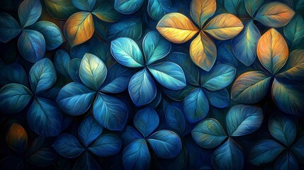 Close-up of vibrant blue and gold leaves, artistic rendering.
