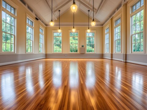 Bright community hall with polished wooden flooring, tall windows, and ample lighting. Perfect for local events and social gatherings.