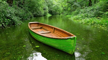 Tranquil green rowboat on serene river, lush foliage background; peaceful nature scene for travel brochures
