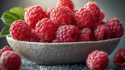 Red raspberries in motion against a dynamic grayscale background