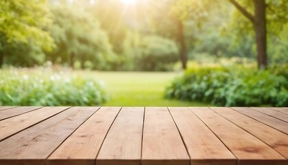 empty wooden table wood floor stage and blurred outdoor green park view with sunshine. Natural backgrounds, wooden planks for placing products in the garden, 4561