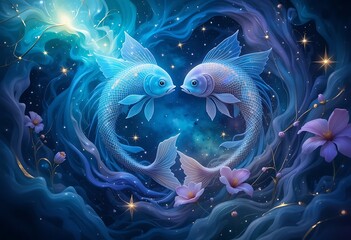Obraz premium Celestial Pisces Fish Dreamlike Cosmic Art Blue Nebula Background
