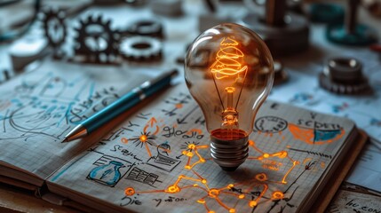 Illuminated Light Bulb on Sketchbook with Gear Background