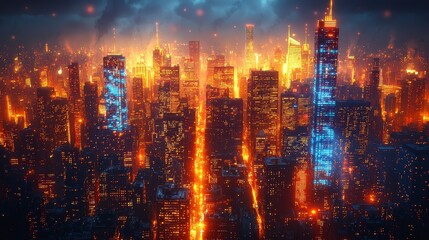 Fototapeta premium Burning city skyline at night, fiery skyscrapers and streets.