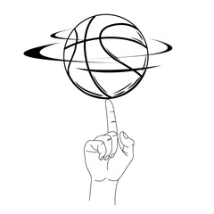 Finger spin with Basketball ball. Hand with ball spinning on finger. Vector clip art for basketball tournament, sport game event invitation.