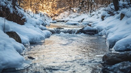 A tranquil winter stream flowing through a snowy forest, glistening in soft sunlight.