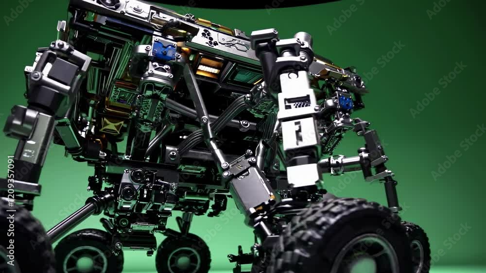 Poster exploration of advanced robotic design featuring intricate mechanics and mobility in varied environm