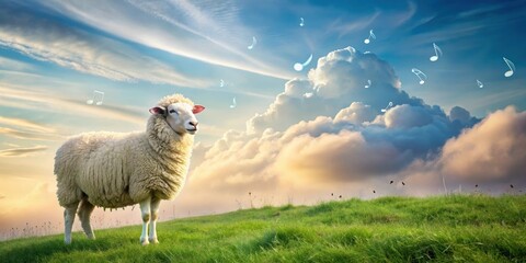 Fototapeta premium Serene Sheep Gazing at a Dreamy Sunset Sky Filled with Musical Notes and Soft Feathers