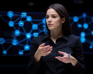 A professional woman engages in a discussion, surrounded by a digital network backdrop, symbolizing technology and communication.