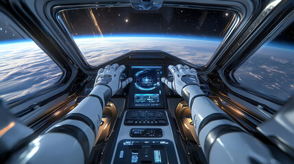 Obraz premium 宇宙船の操縦席から見る地球の美しい景色