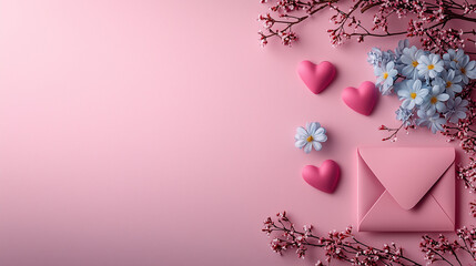 Romantic flat lay of hearts, cherry blossoms, and an envelope on pastel pink background – Valentine’s Day love letter minimal concept.