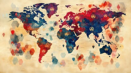 Fototapeta premium Colorful Abstract World Map with Geometric Overlay in Red, Blue, and Beige Tones Featuring a Vintage Artistic Style and Decorative Hexagonal Patterns