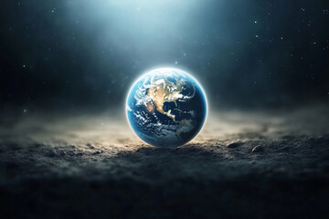 Model of planet Earth in the center on soil on dark blue background, ecology concept