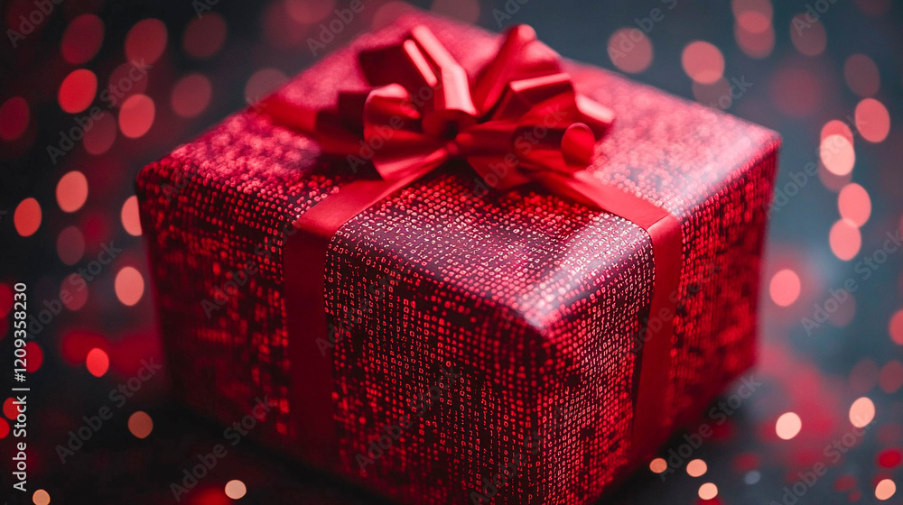 Aufkleber a red gift wrapped in paper with a red code printed on it. the gift is tied with a red ribbon with a