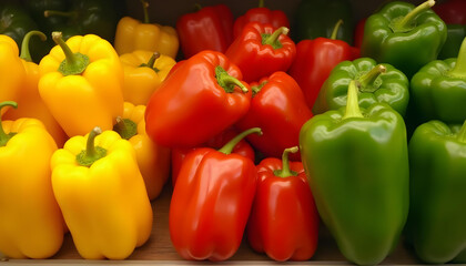 Pimientos rojos, verdes y amarillos en la sección de verduras del supermercado