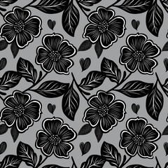 Fototapeta premium Seamless floral pattern featuring bold black flowers and intricate leaves on a soft gray background. Perfect for fabric, wallpaper, or elegant decor projects.