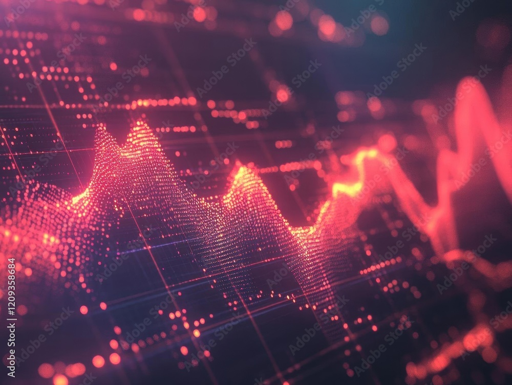 Poster glowing red data visualization: market trends and data analytics