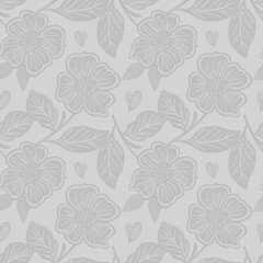 Elegant seamless floral pattern in Baroque style featuring intricate gray flowers and delicate leaves on a soft gray background. Perfect for luxury decor and textiles.