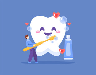 concept of cleaning and caring for teeth. illustration of a man brushing his teeth with a toothbrush. caring for teeth to stay healthy and clean. maintaining health. flat style design. elements