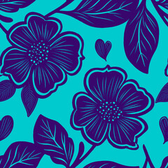 Seamless floral pattern with vibrant blue flowers, intricate leaves, and heart-shaped accents on a bright cyan background. Ideal for textiles, wallpapers, and decor.