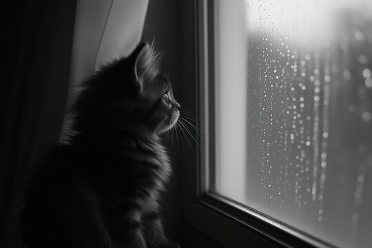 A fluffy kitten gazing through the window during a rainy day, with droplets on the glass, creating a calm and peaceful mood.

