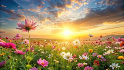 Fototapeta premium Vibrant wildflowers bathed in the golden light of a breathtaking sunrise, creating a serene and picturesque landscape