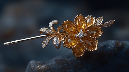 Elegant Golden Hairpin with Sparkling Floral Design and Gems