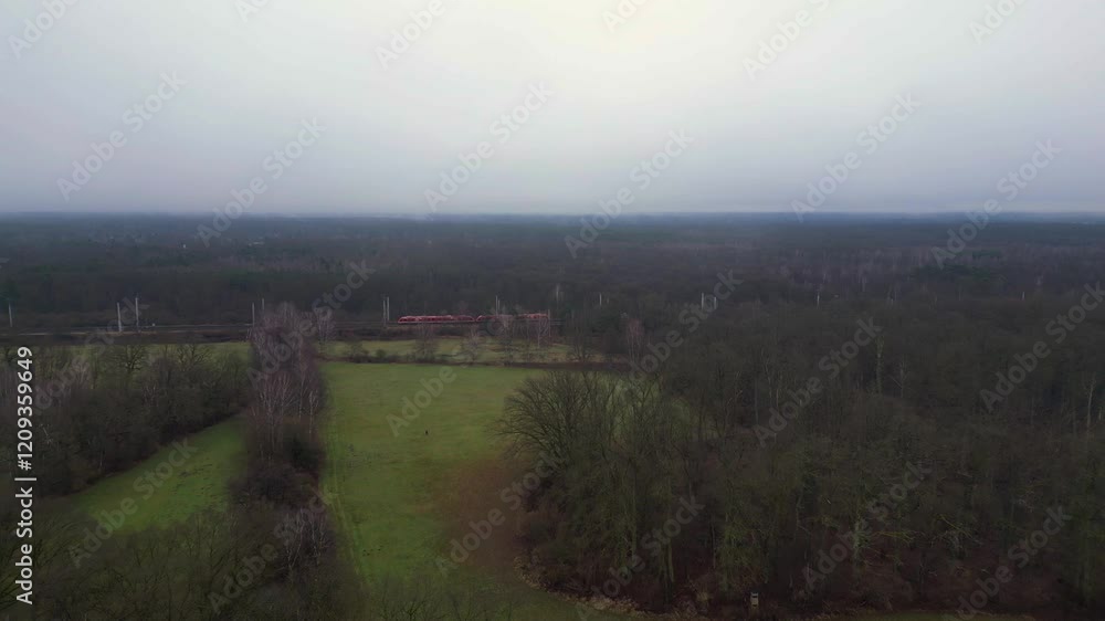 Poster aerial view of railroad crossing large forest under overcast sky, creating moody and atmospheric lan