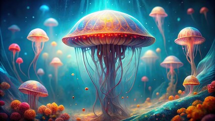 Luminous bioluminescent fungi illuminate a vibrant underwater fantasy landscape, showcasing intricate details and ethereal glows in a surreal seascape.