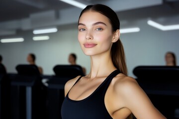 Obraz premium Young woman practicing fitness at gym while others use treadmills in background during a morning workout session