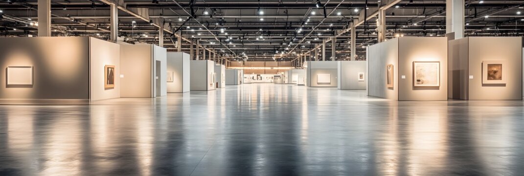 Expansive exhibition center with concrete floors, neutral partitions, and versatile lighting. Ideal for trade expos or art fairs.
