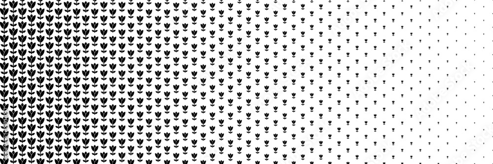 Poster horizontal halftone of black bloom flower for pattern and background.