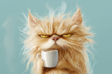 Funny sleepy cat with messy fur holding a cup of coffee against a teal background. Tired cat with tangled fur holding a coffee cup, morning exhaustion, need for caffeine. I hate Mondays concept