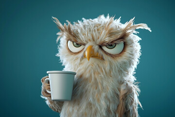 Sleepy tired, grumpy owl with wild feathers, holding a coffee cup, embodying the need for hot coffee or a caffeine and a humorous take on sleepiness. I hate Mondays concept