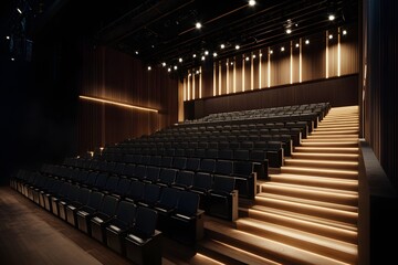 Grand concert venue with tiered seating, acoustically optimized walls, and a wide stage. Ideal for live performances and musical events.