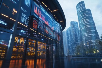 Obraz premium Digital Cityscape: Modern Skyscrapers Reflecting Data and Technology