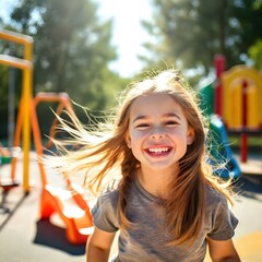 Una hermosa niña con una sonrisa brillante jugando en un parque infantil bajo la luz cálida del sol. Ella parece alegre y despreocupada, disfrutando de su tiempo al aire libre. El parque tiene columpi