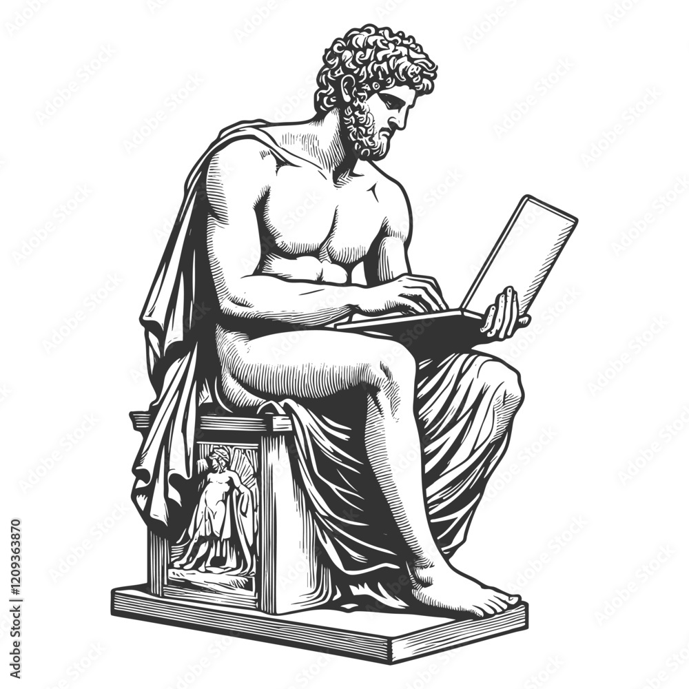 Poster classical statue using a laptop, blending ancient art with modern technology sketch engraving genera