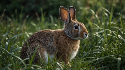 Fototapeta premium Brown Rabbit Sitting in Vibrant Green Grass at Dawn, Reflecting Calmness and Natural Beauty Against Blurred Background 