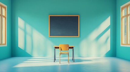 A cartoon illustration of an empty school class room