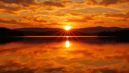 Golden equinox sunset over tranquil lake, nature's beauty