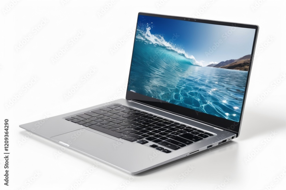 Poster laptop on white background with white blank open screen and keyboard showing modern design