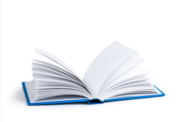 Fototapeta premium Open book with white pages and blue cover isolated on clean white background. Educational and artistic themes