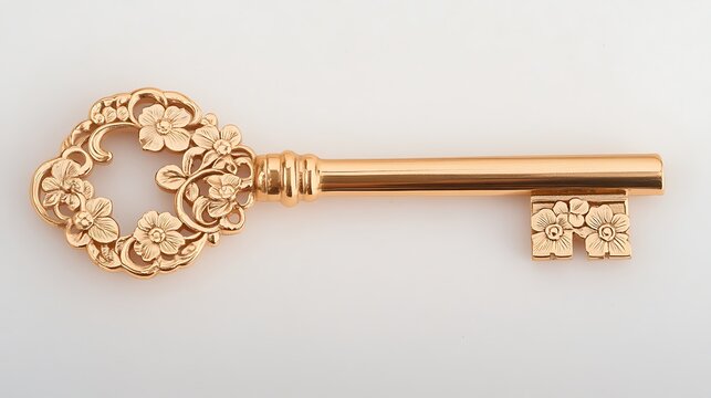 e Rose gold key with intricate floral engravings, isolated on a pristine white background