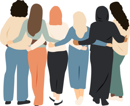 Different women stand side by side together and hug each other. - Powered by Adobe